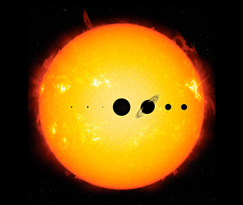 Artist's concept of eight planets in front of the Sun. (Credit: NASA / Moore Boeck)